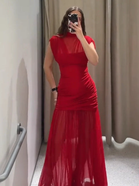 Elegant Mesh Patchwork Pleated Long Skirt Dress for Women Slim Evening Party Maxi Dress